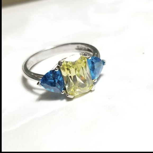 Kay Jewelers Jewelry - 10k White Gold Aqua & Yellow Emerald Trillion cut three stone ring